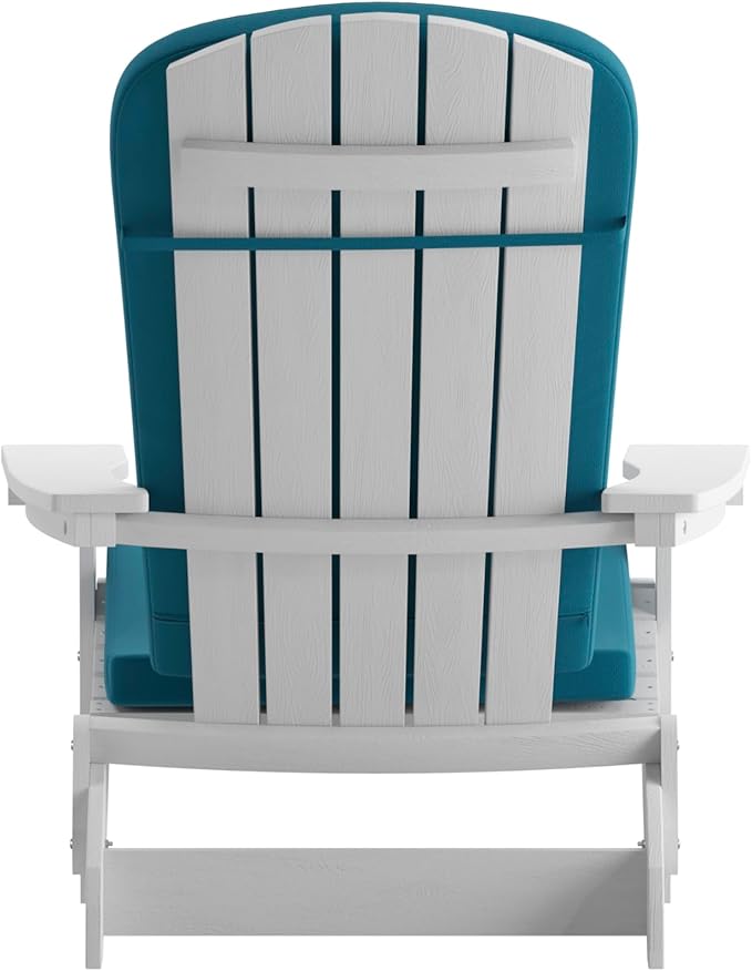 Flash Furniture Charlestown Folding Adirondack Chairs Poly Resin Frame-All-Weather Cushions-Indoor/Outdoor Use, Set of 2, White/Teal