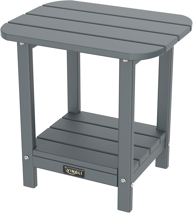 VINGLI Outdoor Side Table, 2-Tier HDPE Adirondack Side Table with Storage, Weather-Resistant Patio End Table for Backyard, Pool, Deck, Indoor Use (Grey)