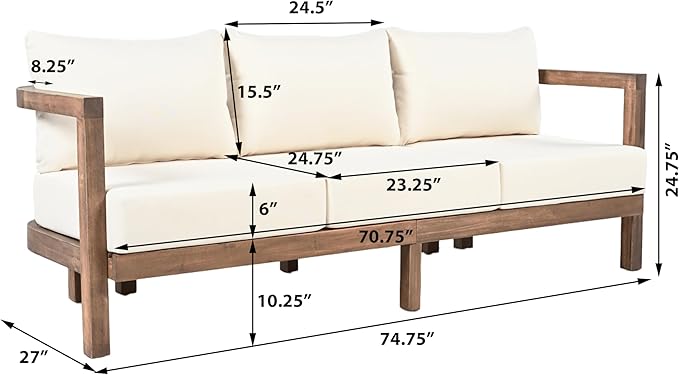 Merax 3 Seater Outdoor Acacia Wood Patio Sofa with Cushions for Porch, Garden, Backyard, Balcony, Brown wash - Photo 3