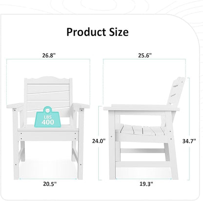 Patio Chairs Set of 2, Weatherproof HIPS Outdoor Dining Chair with Ergonomics Wide Seat, 400lbs Capacity Outdoor Chairs for Garden, Porch, Lawn & Backyard, White