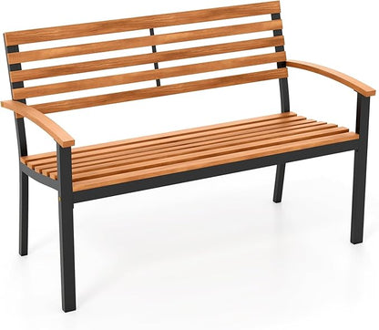 Tangkula 43" Outdoor Garden Bench, 2-Person Acacia Wood Bench with Heavy-Duty Metal Frame, Slatted Seat & Curved Armrests, 800 lbs Weight Capacity, Patio Bench for Porch, Yard, Balcony, Lawn