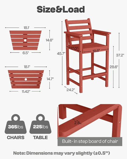 Tall HDPE Adirondack Bar Chairs Set of 2, Outdoor Balcony Bar-Height Chairs with Extra-Large Side Trays & 2" Umbrella Hole, All-Weather Patio Stools for Porch, Deck, Garden (Terracotta, 2chair)