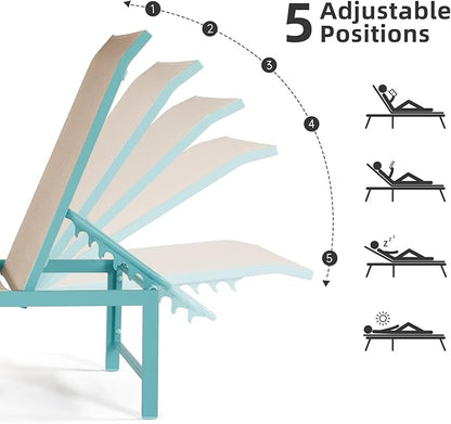 Outdoor Pool Lounge Chairs, Aluminum Patio Lounge Chairs, Five-Position Recliner Loungers for Poolside Yard Balcony Deck Beach (Blue,1PCS)
