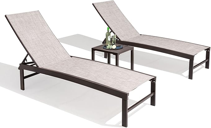 Patio Chaise Lounge Chair Set, 3PCS Outdoor Recliner Lounge Chair with Side Table, All Weather Chaise with 5 Adjustable Backrest and Lay Flat Positions for Garden, Balcony, Pool