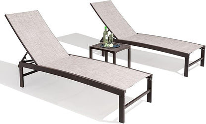 Patio Chaise Lounge Chair Set, 3PCS Outdoor Recliner Lounge Chair with Side Table, All Weather Chaise with 5 Adjustable Backrest and Lay Flat Positions for Garden, Balcony, Pool