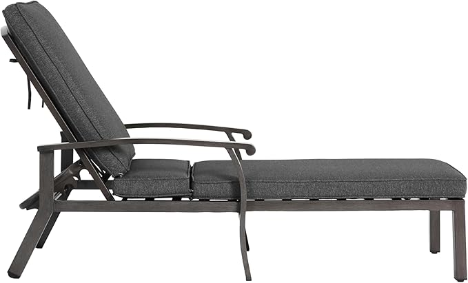 Chaise Lounge Chair Outdoor Cast Aluminum Reclining Lounger with Cushion, 5-Position Adjustable Backrest, Waterproof Padded Seat, Hidden Wheels, Elegant Poolside Garden Patio Seating (Grey)
