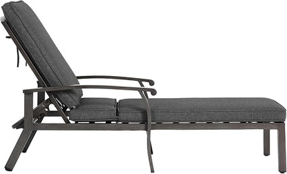 Chaise Lounge Chair Outdoor Cast Aluminum Reclining Lounger with Cushion, 5-Position Adjustable Backrest, Waterproof Padded Seat, Hidden Wheels, Elegant Poolside Garden Patio Seating (Grey)