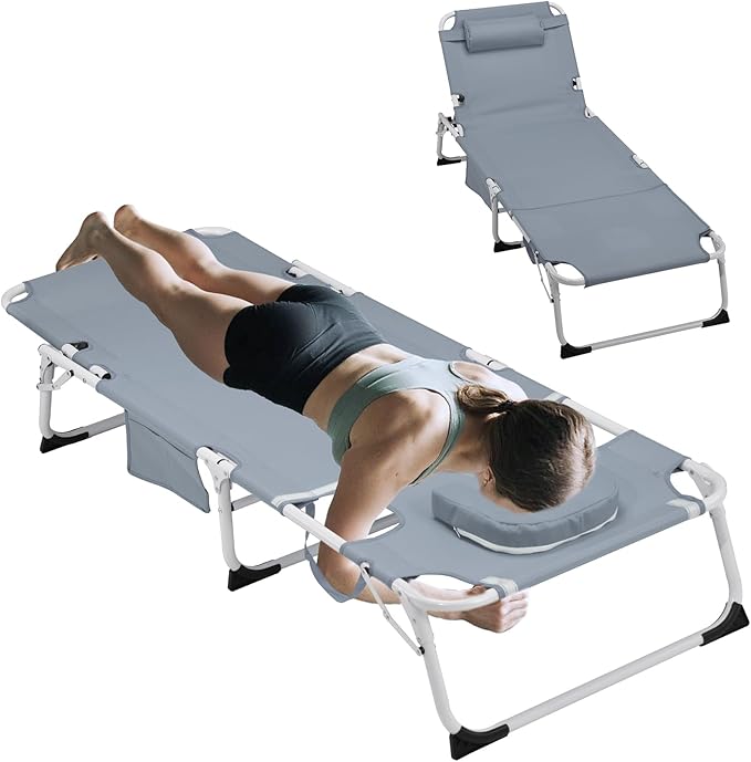 3-in-1 Oversized Sun Tanning Chair with Mat & Face Hole, Heavy Duty Folding Chaise Lounge - 5-Position Adjustable Outdoor Chair for Beach, Pool, Patio, Lawn, Yard - Includes Pillow (Grey)