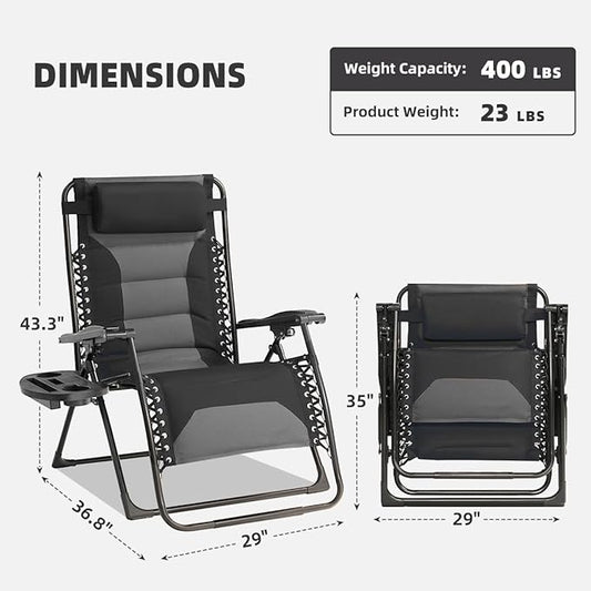 Zero Gravity Chair Oversized Padded Recliner with Adjustable Headrest & Cup Holder - XL 600D Oxford Folding Lounge Chair for Outdoor Camping, Patio, Poolside (Black & Gray)
