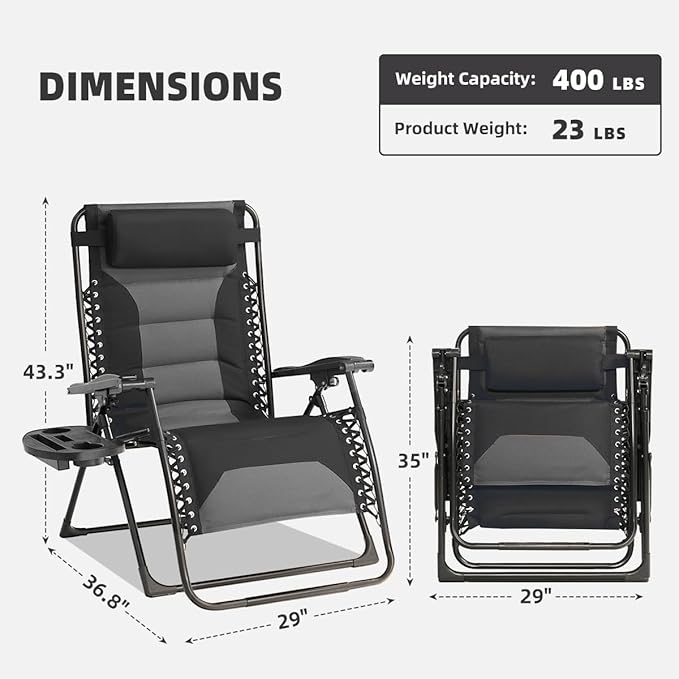 Zero Gravity Chair Set of 4 Oversized Padded Recliner with Adjustable Headrest & Cup Holder - 600D Oxford Folding - Photo 3