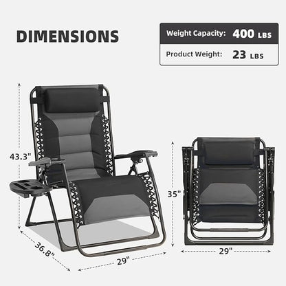 Zero Gravity Chair Set of 4 Oversized Padded Recliner with Adjustable Headrest & Cup Holder - 600D Oxford Folding Lounge Chair for Outdoor Camping, Patio, Poolside (Black & Gray)