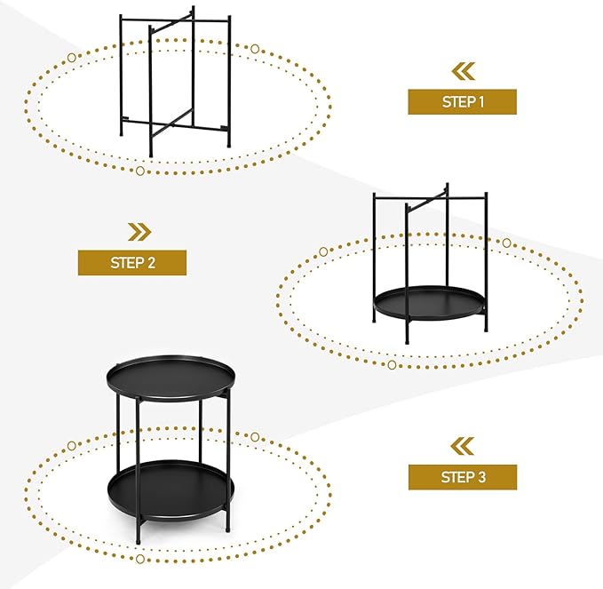 Outvita 2 Tier End Table, Metal Side Table with Removable Tray Indoor and Outdoor,Small Waterproof Accent Table for Bedroom Balcony Patio Living Room and Office, Set of 2(Black)