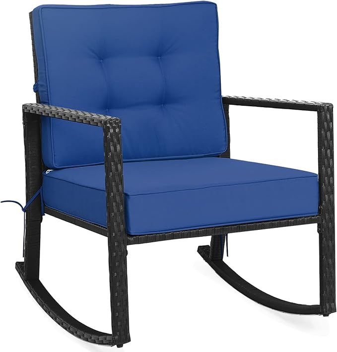 Tangkula Wicker Rocking Chair, Outdoor Glider Rattan Rocker Chair with Heavy-Duty Steel Frame, Patio Wicker Furniture Seat with 5” Thick Cushion for Garden, Porch, Backyard, Poolside (1, Blue)