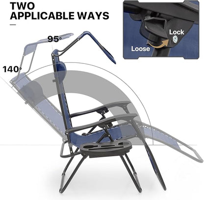 MoNiBloom Zero Gravity Chairs Set of 2, Patio Anti Gravity Recliner with Canopy Shade, Foldable Outdoor Lounger with Cup Holder Tray and Headrest for Beach Camping, Navy Blue