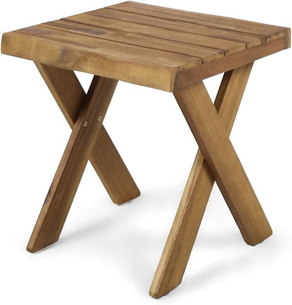 Rustic Wooden Side Table, Patio End Table with Slatted Top, Portable Small Square Outdoor Coffee Table for Garden, Balcony, or Living Room, Teak