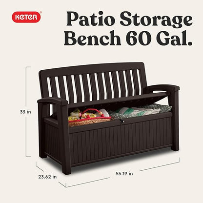 Keter 60 Gallon Storage Bench Deck Box for Patio Furniture, Front Porch Decor and Outdoor Seating – Perfect to Store Garden Tools