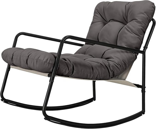 Outdoor Rocking Chair, Metal Patio Rocking Chair, Indoor Rocking Chair with Cushion, Papasan Rocking Lounge Chair, Comfy Modern Rocker Chair for Porch, Living Room, Garden, Lawn, Dark Grey