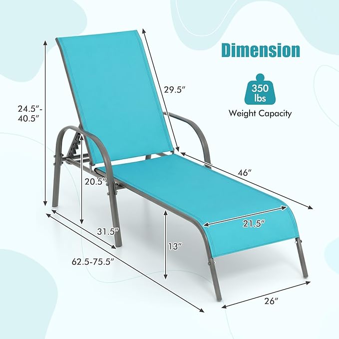 Tangkula Lounge Chair Outdoor, Patio Chaise Lounge with Adjustable Backrest, Reclining Pool Lounge Chair for Outside with Heavy Duty Steel Frame, Suitable for Beach, Yard, Balcony, Poolside