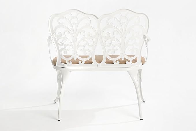 Patio Garden Bench Metal Park Bench Cast Aluminum Outdoor Furniture with Floral Rose for Patio,Park,Lawn,Yard with Cushion White