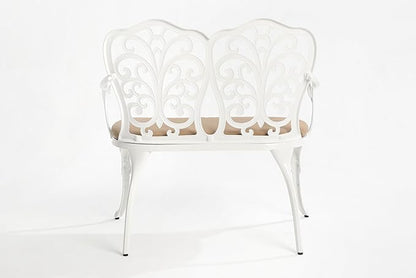 Patio Garden Bench Metal Park Bench Cast Aluminum Outdoor Furniture with Floral Rose for Patio,Park,Lawn,Yard with Cushion White