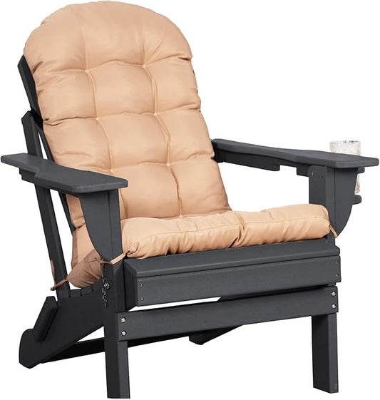 Oversized Adirondack Chair with Cushion & Cup Holder, HDPE Weather Resistant Folding Adirondack Chair for Adults, Outdoor Fire Pit Chairs for Patio/Porch/Swimming Pool/Garden (1, Black)
