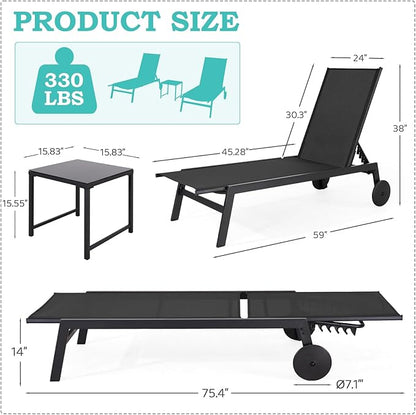EROMMY Patio Chaise Lounge Chair Set of 2 with Table, Adjustable Backrest & Wheels, Waterproof Outdoor Poolside Recliners for Garden, Deck, Lawn, Backyard