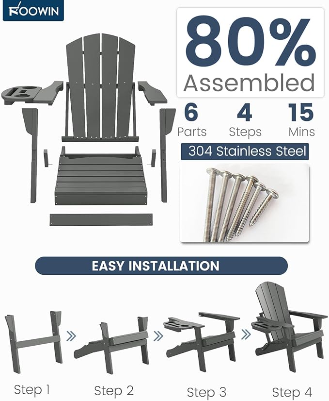 FOOWIN Folding Adirondack Chair Set of 8, HDPE Adirondack Chairs with Cup Holder - Photo 8
