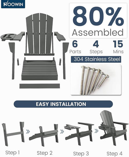 FOOWIN Folding Adirondack Chair Set of 8, HDPE Adirondack Chairs with Cup Holder, Weather Resistant Plastic Fire Pit Chairs for Outdoor, Patio, Lawn, Garden, Backyard, Deck, White Grey