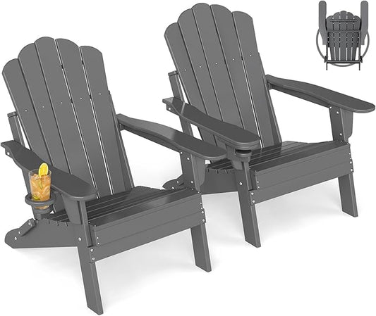 GREENVINES Oversized-Folding-Adirondack-Chairs-Set-of-2 | HDPE Plastic | Cup Holder | Fire Pit Chair | All Weather | for Outdoor Deck Backyard | Grey