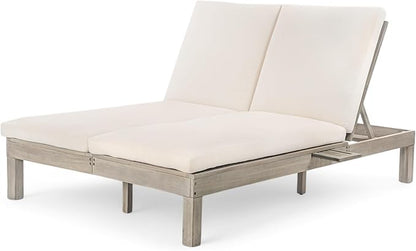 Merax Double Chaise Lounge Outdoor, 2-Person Acacia Wood Patio Daybed with 5-Position Adjustable Backrest and Folding Side Trays, Outside Furniture with Thick Cushions for Porch Poolside Garden,Grey
