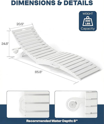 in-Pool Lounge Chairs Set of 2, Folding HDPE Pool Chairs Anti-Floating No Sandbags with Cup Holder & Handles, Outdoor Chaise Lounge for Poolside, Patio & Sun Deck(White)