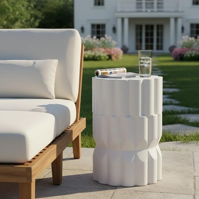 Christopher Knight Home Ella Lightweight Modern Concrete Outdoor Side Table, Patio End Table with Geometric Stacked Design, MGO Outdoor Coffee Table, No Assembly Garden Plant Stand Indoor, White