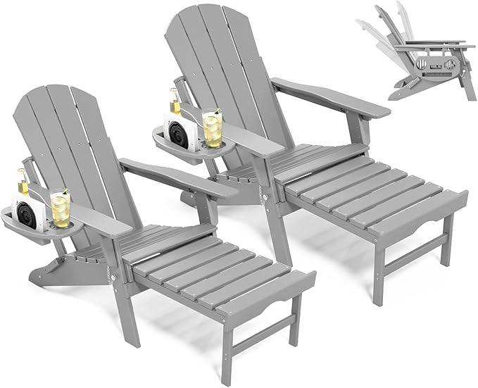 Adjustable Adirondack Chair with Retractable Ottoman Set of 2, HDPE Folding Adirondack Chair with Cup Holder - Photo 1
