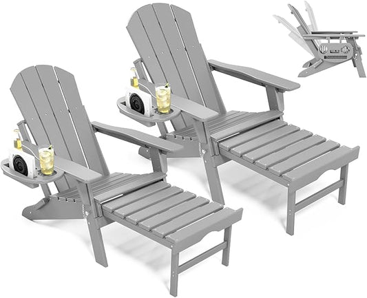 Adjustable Adirondack Chair with Retractable Ottoman Set of 2, HDPE Folding Adirondack Chair with Cup Holder, All Weather Fire Pit Chair for Outdoor,White Grey