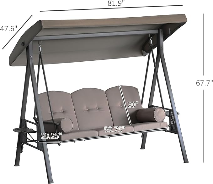 Outsunny 3-Seat Patio Swing Chair, Outdoor Porch Swing Glider with Adjustable Canopy, Removable Cushion - Photo 7