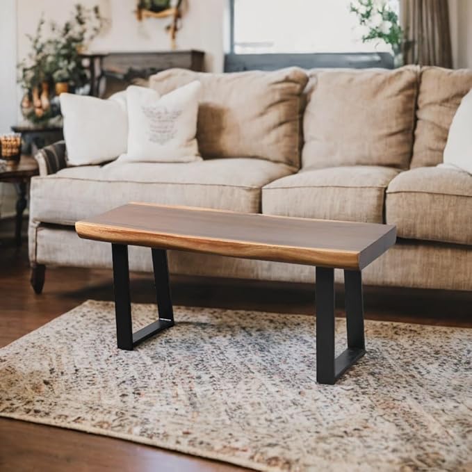 Solid Wood Bench Live Edge 39"x13"x18"H Rectangle Wooden Entryway Stools Natural Brown Rustic Coffee Side Table Bedroom Bathroom Living Room Patio Outdoor Garden Foot Stool