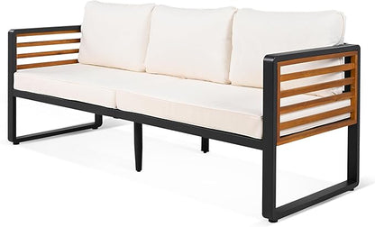 Large Size 4-Pieces Outdoor Furniture Sofa for 5 Person Conversation Set, Garden Sofa Set with Removable Cushion, Metal and Wood Frame Sofa Set, Thick Cushions, Acacia Wood Tabletop, Beige
