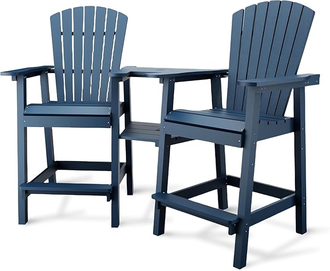 2-Pack High Back Adirondack Bar Stools with Connecting Tray, All-Weather HDPE Recycled Plastic Outdoor Bar Chairs, Umbrella Hole, Built-in Footrest, 350lbs Capacity for Deck/Patio/Backyard, Sea Blue