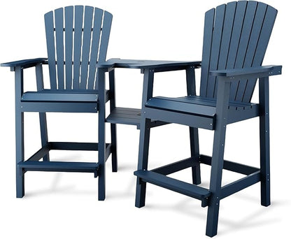 2-Pack High Back Adirondack Bar Stools with Connecting Tray, All-Weather HDPE Recycled Plastic Outdoor Bar Chairs, Umbrella Hole, Built-in Footrest, 350lbs Capacity for Deck/Patio/Backyard, Sea Blue