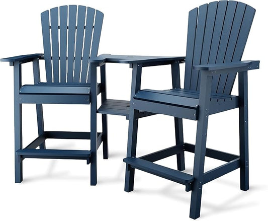 2-Pack High Back Adirondack Bar Stools with Connecting Tray, All-Weather HDPE Recycled Plastic Outdoor Bar Chairs, Umbrella Hole, Built-in Footrest, 350lbs Capacity for Deck/Patio/Backyard, Sea Blue