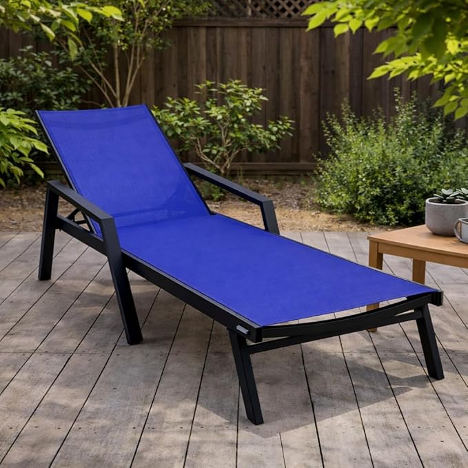 LeisureMod Marlin Patio Chaise Lounge Chair, Adjustable Outdoor Black Aluminum Lounge with Breathable Mesh Sling Back, Lightweight Poolside Reclining Sun Lounger Weather & UV Resistant (Navy Blue)