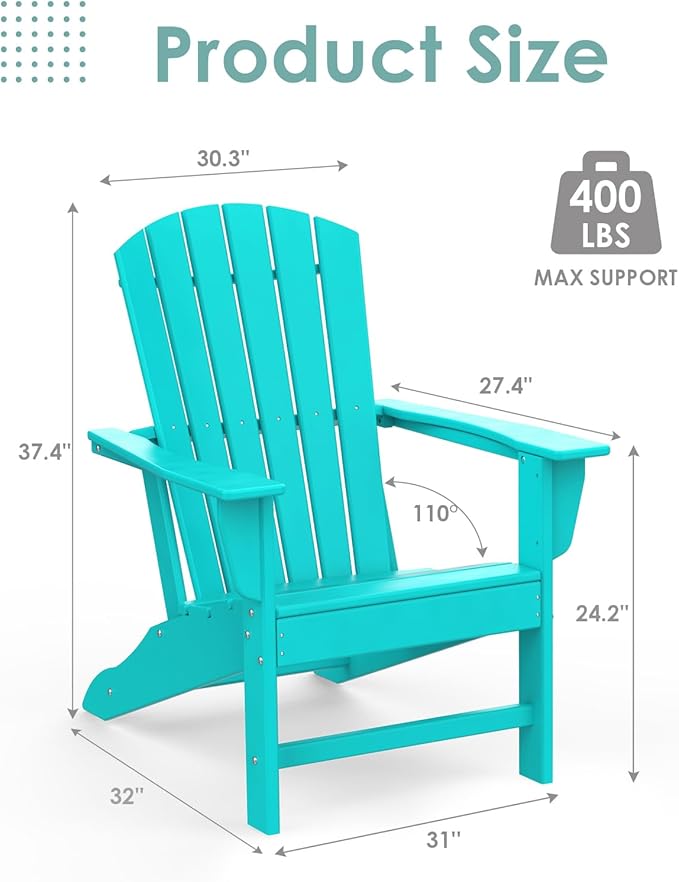 IVY&LANE Adirondack Chairs Set of 2 | HDPE Plastic | Outdoor Fire Pit Chairs | Oversized | All-Weather | Aqua | for Outside Deck Backyard Patio Poolside Porch Lawn