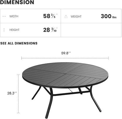 Patio Dining Table for 8-10, Round Metal Outdoor Table with Storage Shelf, 1.57" Umbrella Hole, 60" Outdoor Quartered Tabletop Dining Table for Backyard, Porch, Lawn, Black