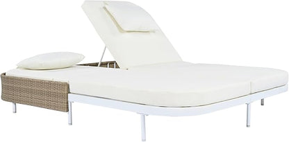 SOFTSEA Patio Rattan Daybed for 2 People, with 5-Position Adjustable Backrest, Outdoor Chaise Lounge with Removable Cushions&Pillows, Iron Frame Outdoor Bed Loveseat for Pool Garden, Beige+White