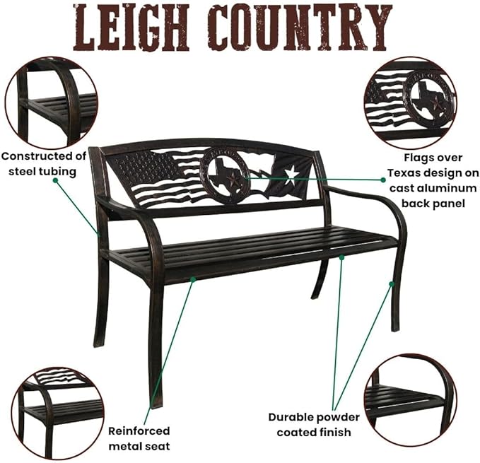 Leigh Country Flags Over Texas Metal Bench, Outdoor Decorative Patio Seating for Porch/Deck