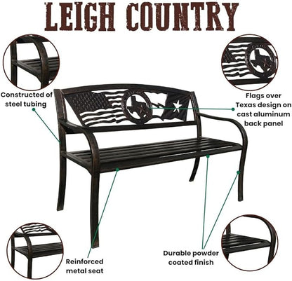 Leigh Country Flags Over Texas Metal Bench, Outdoor Decorative Patio Seating for Porch/Deck