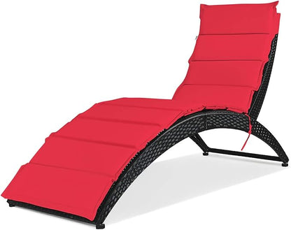 Tangkula Foldable Patio Lounge Chair, Outdoor Rattan Lounger Chaise, Portable Patio Chaise with Cushion, All-Weather Wicker Furniture for Garden Lawn Balcony Backyard Poolside (1, Red)