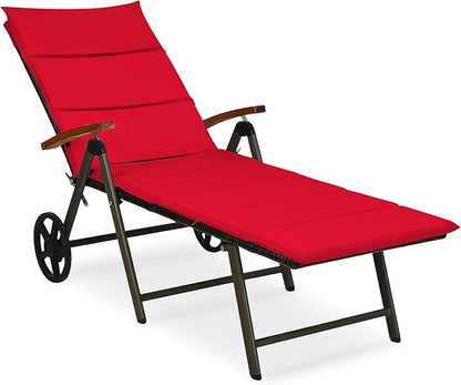 Tangkula Foldable Lounge Chair Outdoor, Wicker Chaise Lounge with Aluminum Frame, 7-Position Adjustable Reclining Pool Lounge Chairs with Wheels, Rattan Lounger with Cushion for Outside Patio Balcony