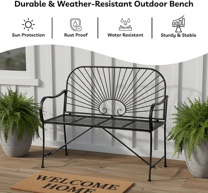 XBrand 44" L Iron Sun-Patterned Seat for Two, Patio & Porch Furniture for Park, Yard, Lawn, Balcony, Backyard – Black - Photo 7