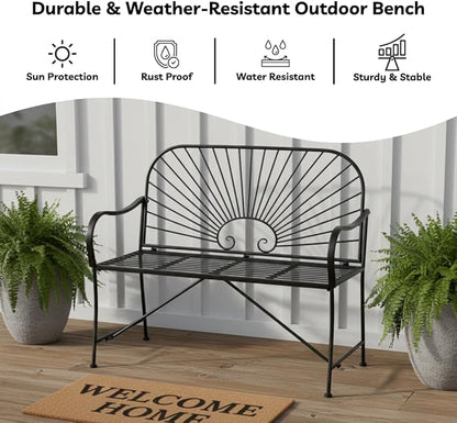 XBrand 44" L Iron Sun-Patterned Seat for Two, Patio & Porch Furniture for Park, Yard, Lawn, Balcony, Backyard – Black